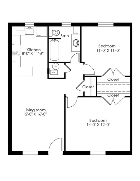 Floor plan for 2 beds, 1 bath, 825 sqft